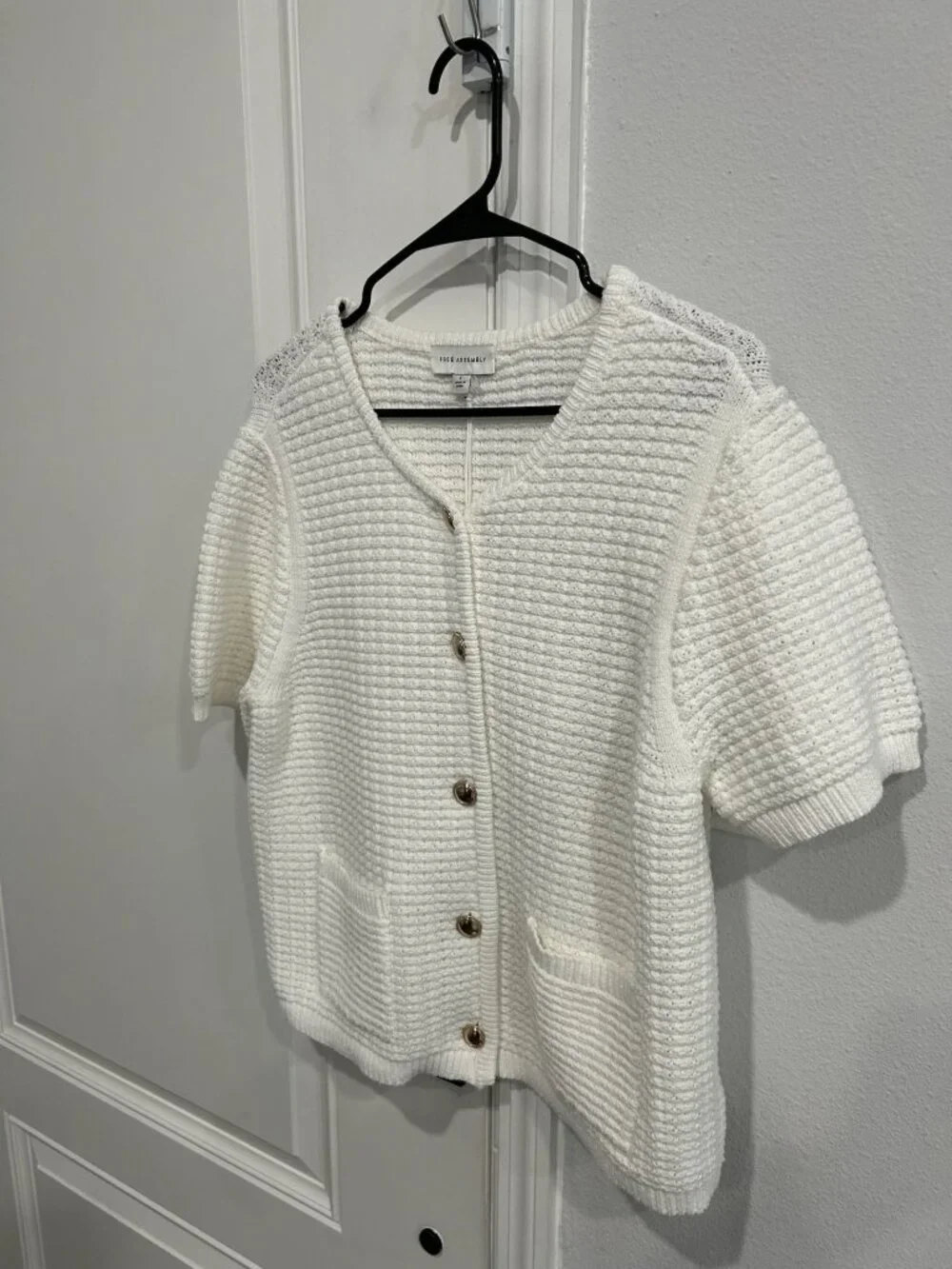 Free Assembly Large White Waffle Knit Short Sleeve Cardigan Cottagecore NWT